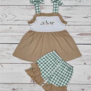 Tan and Green Gingham Baby Dress Set